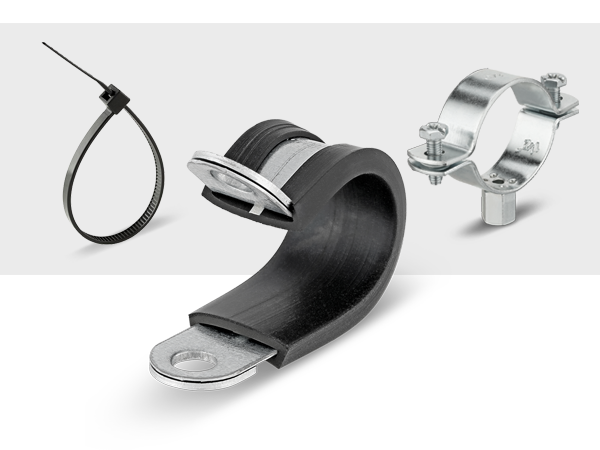 collage of retaining and fixing products cable tie, RSGU, signage clamp