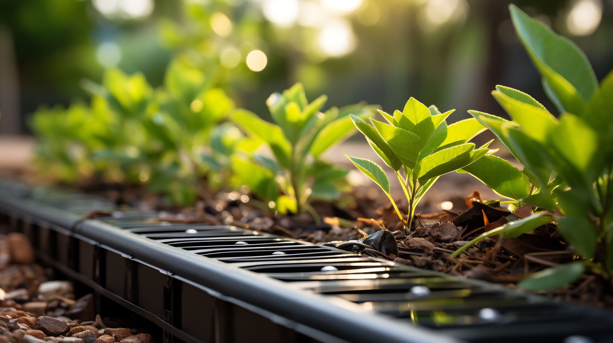 Metal Drainage Grate on Pathway Draining Storm Water with Rows of Green Plants